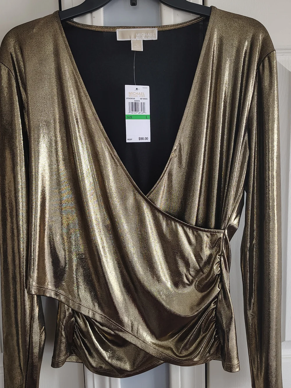 Michael Kors Shiny Metallic Gold Draped Wrap Blouse L